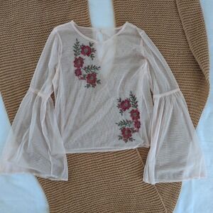 Sheer Mesh Bell Sleeve Blouse Top Floral Embroidery Pink Boho Fairy Whimsigoth